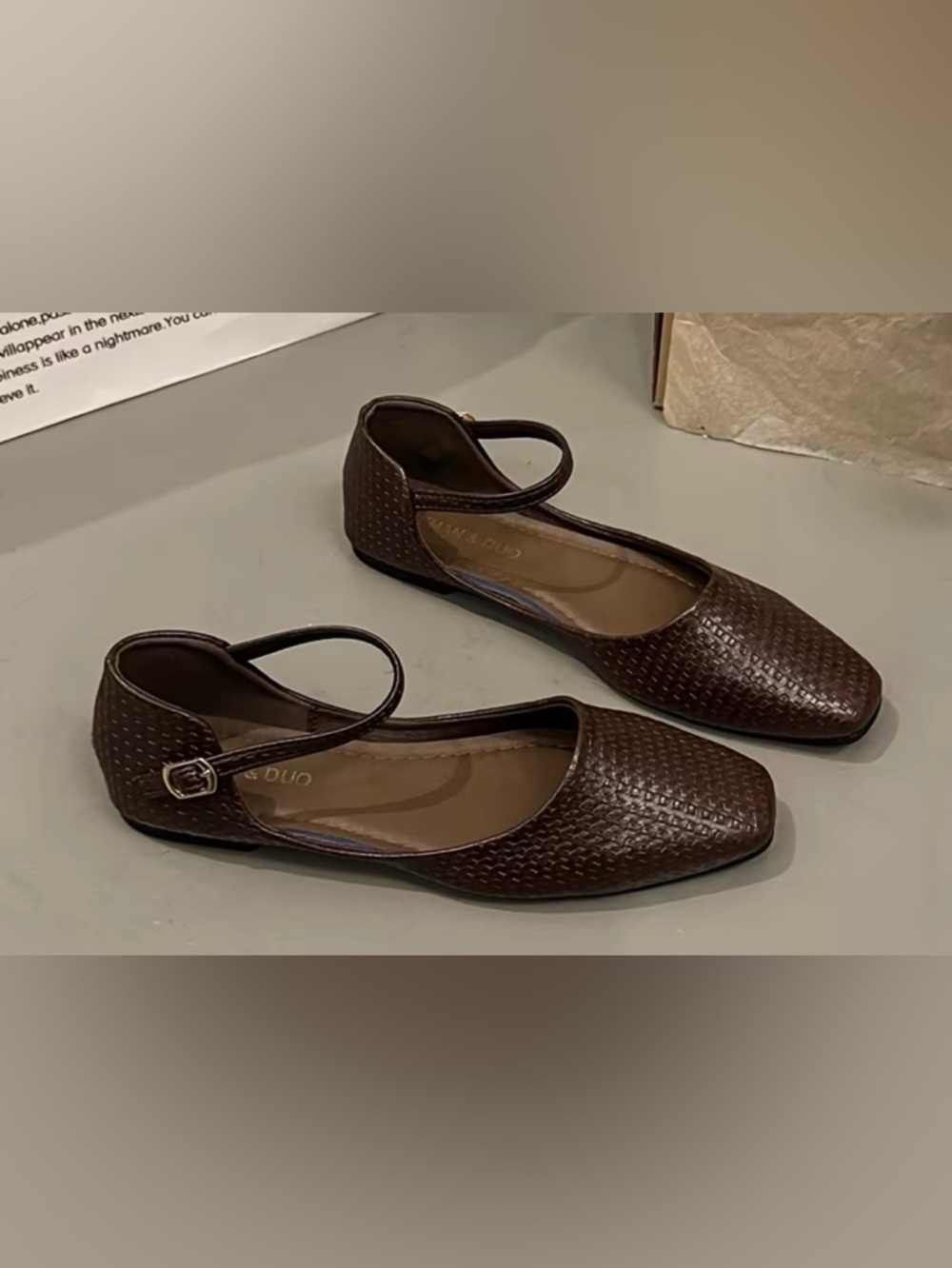 Brown Woven Mary Jane Flats with Ankle Strap -